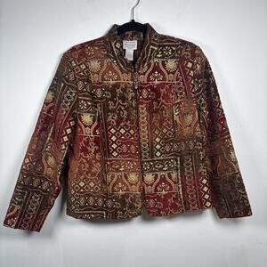 Renaissance Petite Large Tapestry Jacket Zip Front Boho Patchwork Burgundy Gold
